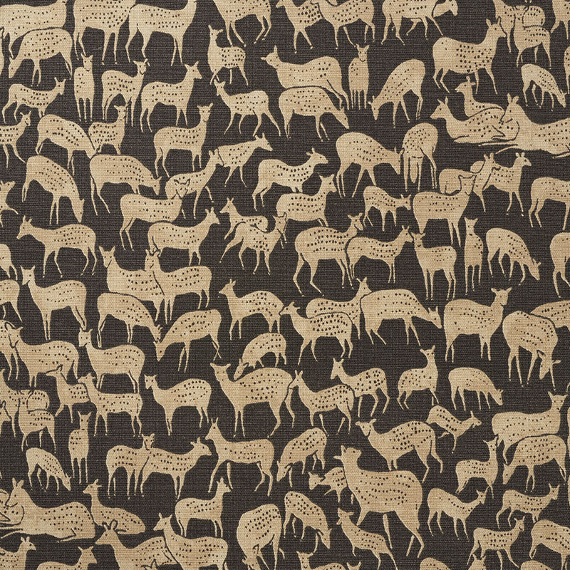 Beige horse silhouettes repeating pattern on dark background; textile-style fabric design.
