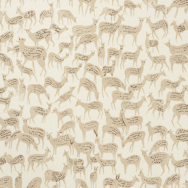 Beige fabric featuring a repeating pattern of tan deer silhouettes with spots, whimsical woodland motif.