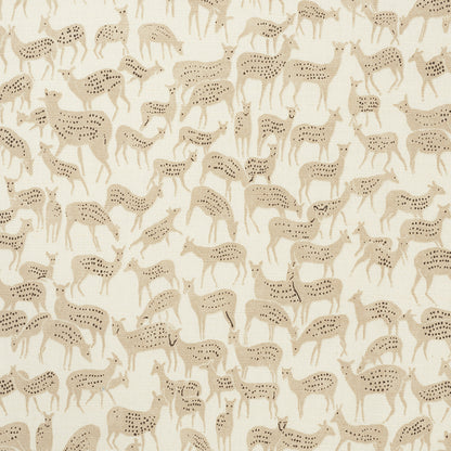 Beige fabric featuring a repeating pattern of tan deer silhouettes with spots, whimsical woodland motif.