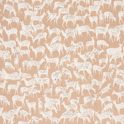 Beige fabric with repeating white horse silhouettes and dotted markings; rustic equestrian pattern for upholstery.