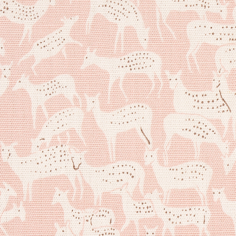 Dusty pink fabric with white flamingo pattern and tiny black specks; lightweight textile for clothing or home decor.