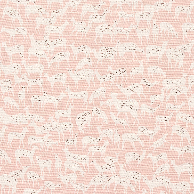 Soft pink fabric with repeating white horse silhouettes and small black spots in a whimsical pattern.