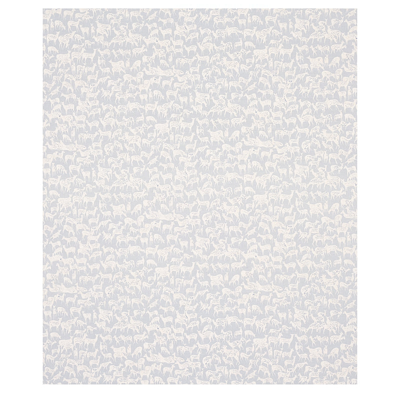 Slate blue fabric with a repeating pattern of tiny fauna silhouettes; decorative textile.