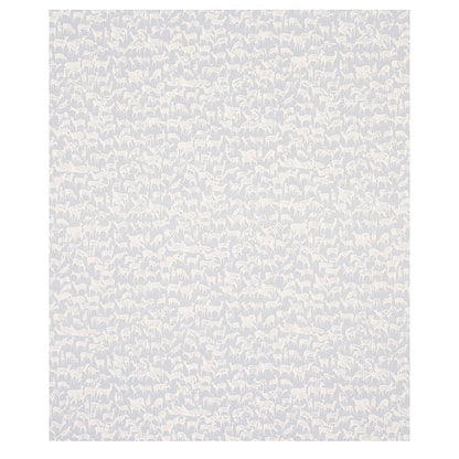 Slate blue fabric with a repeating pattern of tiny fauna silhouettes; decorative textile.
