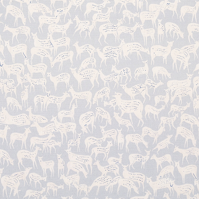 Soft blue-gray fabric with white horse silhouettes in a dense repeating pattern; ideal for upholstery or children's decor.
