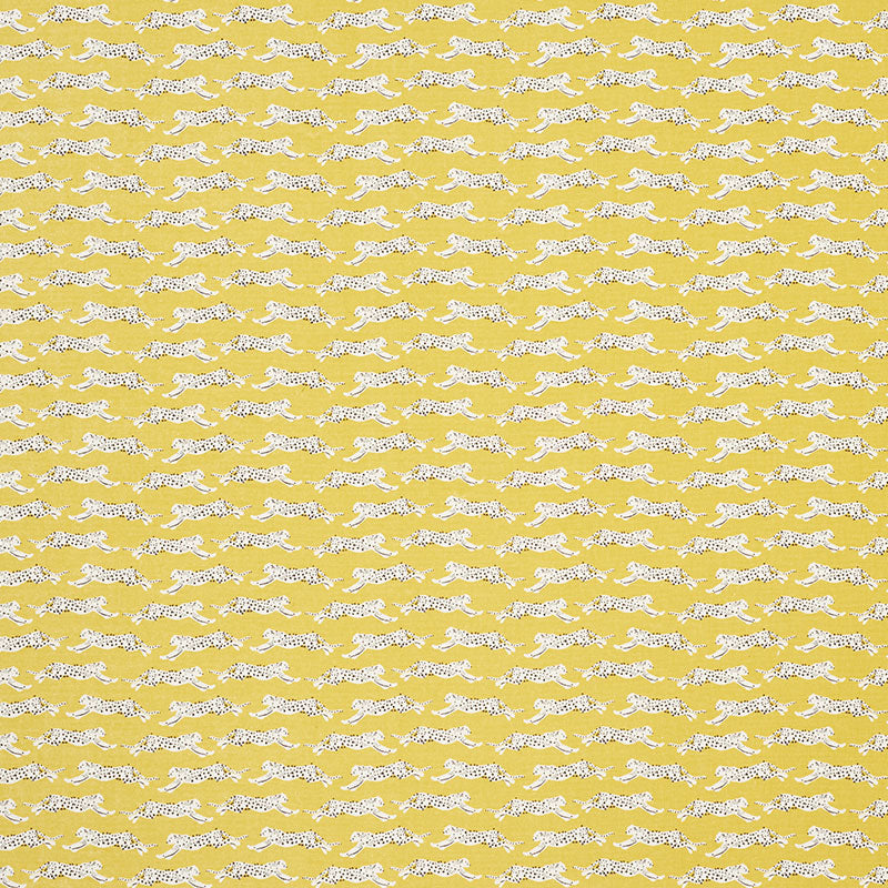 Yellow fabric with repeating white leopard silhouettes in a decorative pattern.