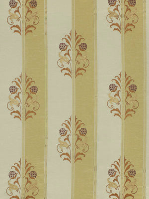 Vertical pale-yellow stripes with ornate brown floral vines on a cream background.
