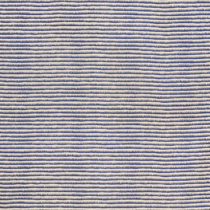 Cream fabric with narrow navy blue wavy horizontal stripes; textile pattern for apparel or home decor.