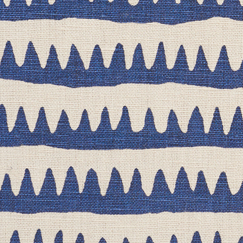 Beige woven fabric with cobalt blue horizontal stripes containing white triangular teeth shapes.