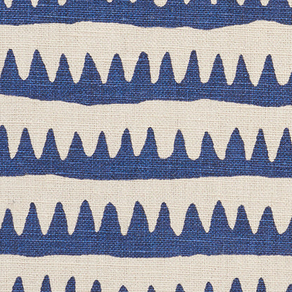 Beige woven fabric with cobalt blue horizontal stripes containing white triangular teeth shapes.