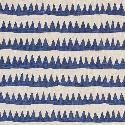 Cream fabric with navy zigzag stripe of triangular shapes; coastal, casual textile for upholstery, pillows, or curtains.