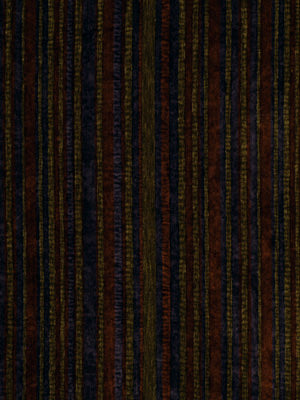 Dark striped woven fabric with narrow vertical bars in brown, gold, and navy on charcoal.