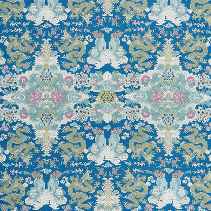 Blue damask fabric with gold & mint dragons & pastel florals in an ornate symmetrical chinoiserie pattern.