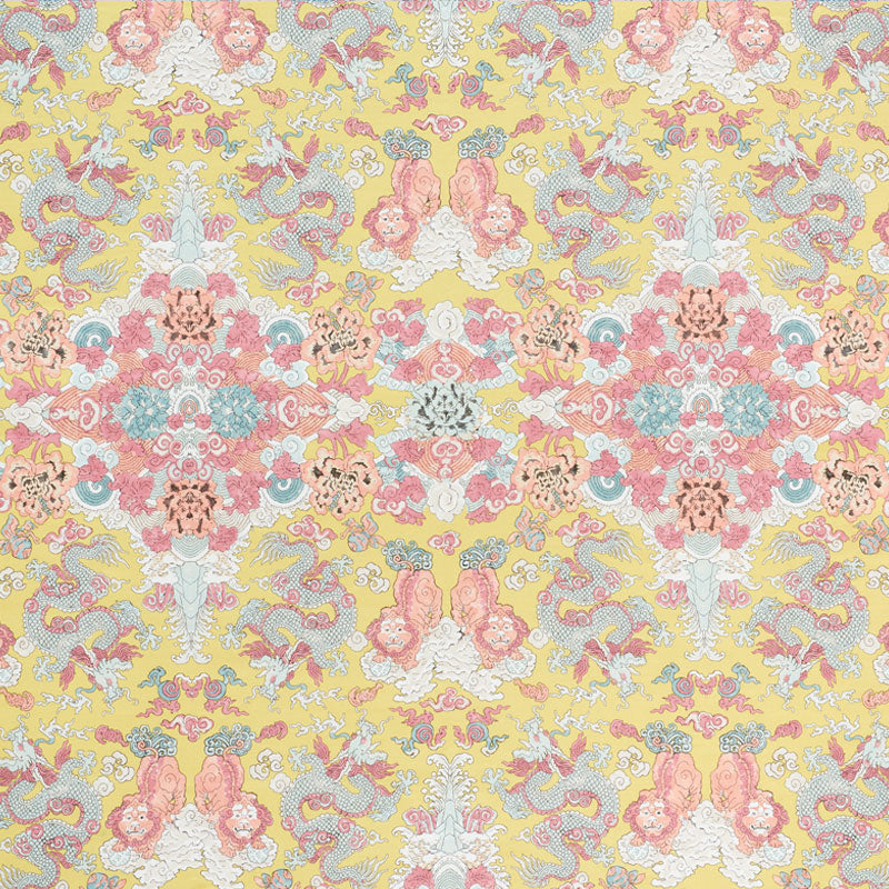 Pastel damask floral print on yellow background with pink, blue and white motifs.