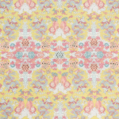 Pastel damask floral print on yellow background with pink, blue and white motifs.
