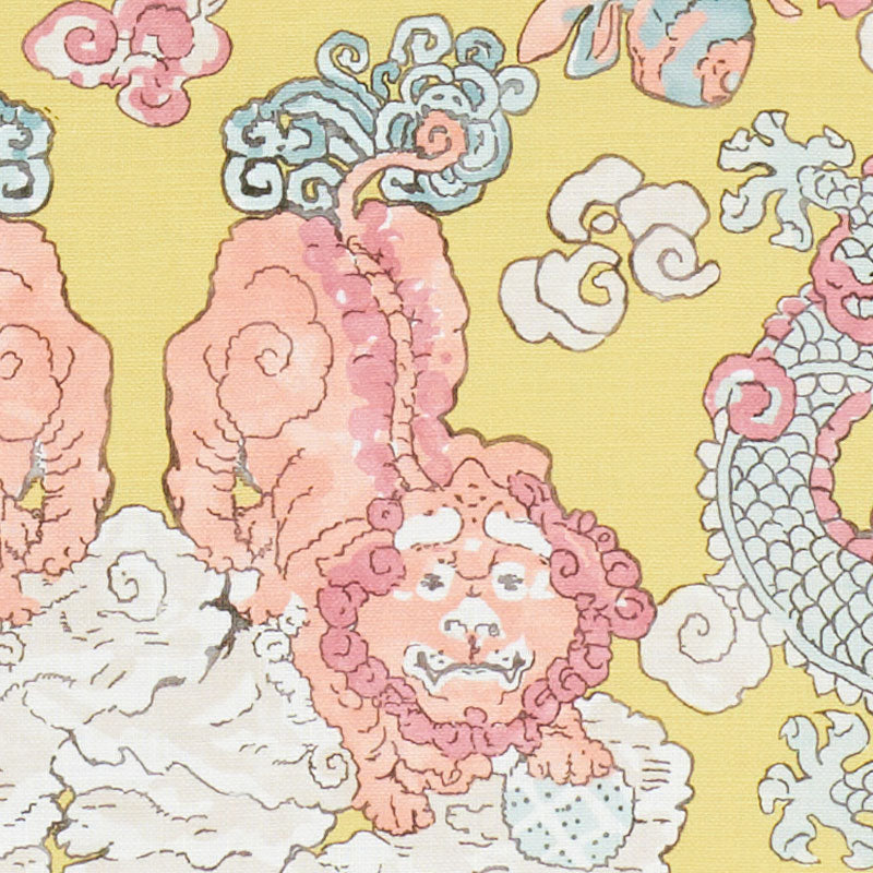 Yellow print featuring pastel dragon and cloud-scroll motifs in pink, blue and white; ornamental Oriental textile pattern.