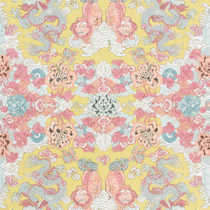 Damask-inspired textile pattern with pastel pink, peach, blue florals and pale dragon motifs on yellow.