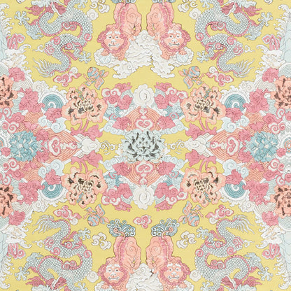 Damask-inspired textile pattern with pastel pink, peach, blue florals and pale dragon motifs on yellow.
