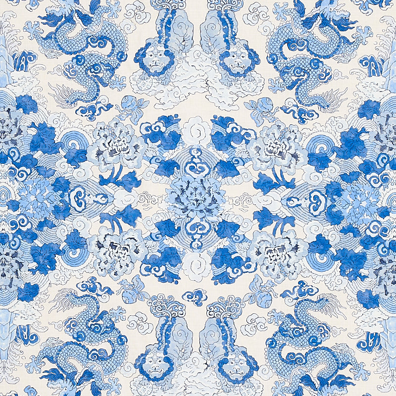 Blue and white porcelain-style repeating pattern with dragons, clouds and peony flowers.