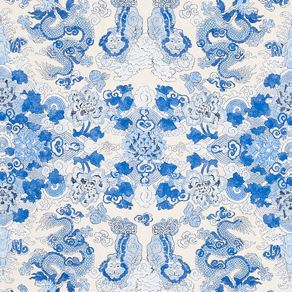 Blue and white porcelain-style repeating pattern with dragons, clouds and peony flowers.