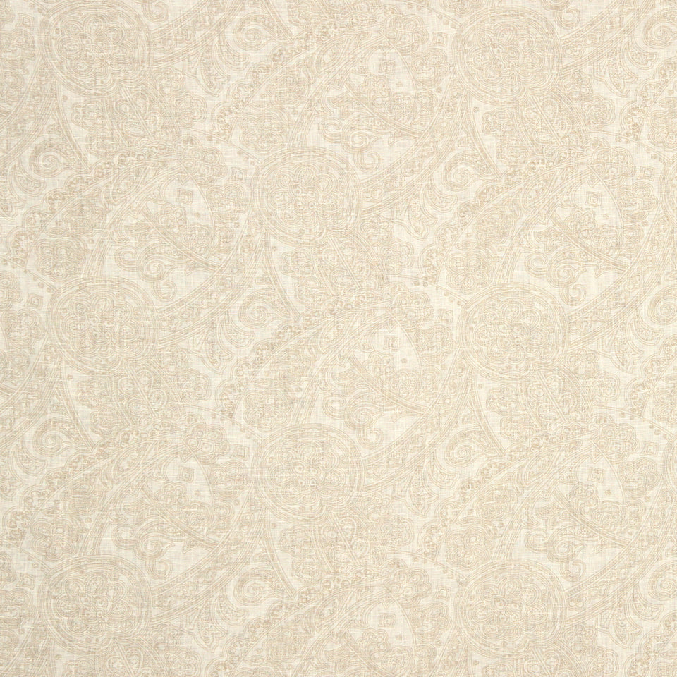 Beige damask-pattern fabric texture with subtle floral scroll motifs.