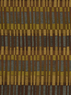 Geometric plaid upholstery fabric with mustard yellow, brown & gray blocks; textured woven textile.