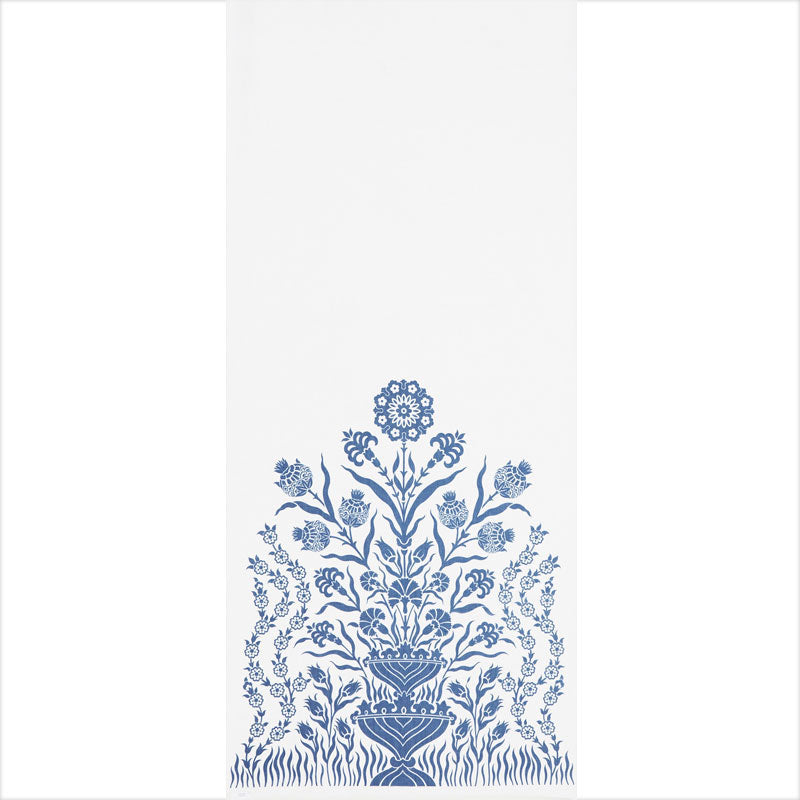 White sheer curtain panel with cobalt blue damask pattern.