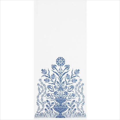 White sheer curtain panel with cobalt blue damask pattern.