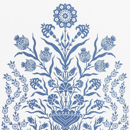 Blue floral damask pattern with a central vase and symmetrical blossoms and leaves on white.