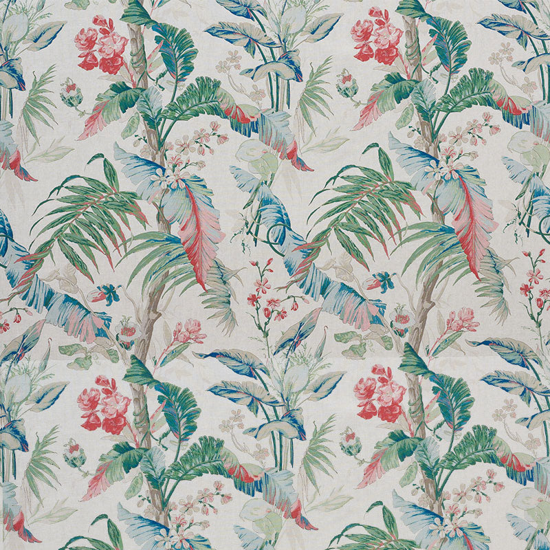 Tropical botanical print featuring palm fronds and pink-red blossoms in watercolor tones on a pale, textured background