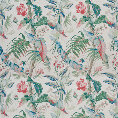 Tropical botanical print featuring palm fronds and pink-red blossoms in watercolor tones on a pale, textured background