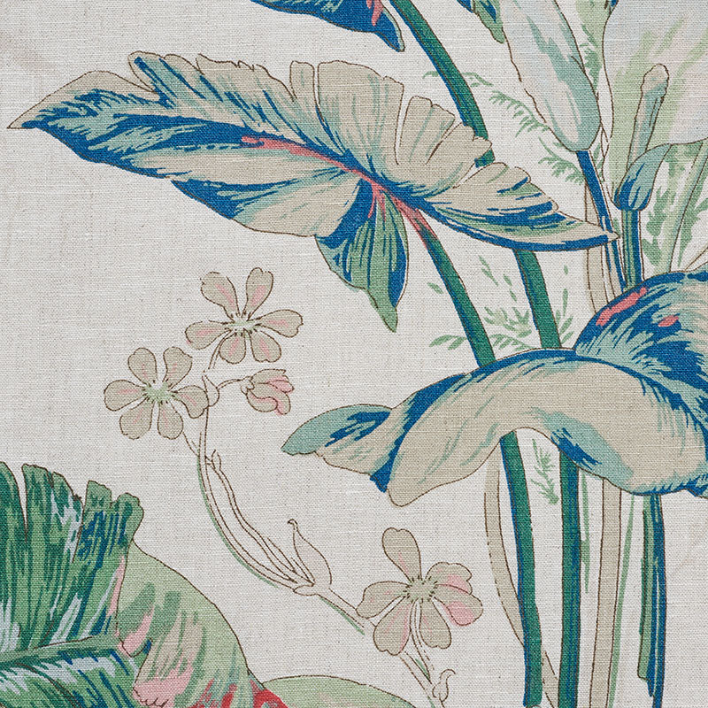 Tropical botanical textile pattern with large blue-green leaves & pale pink flowers on a light background.