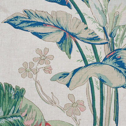 Tropical botanical textile pattern with large blue-green leaves & pale pink flowers on a light background.