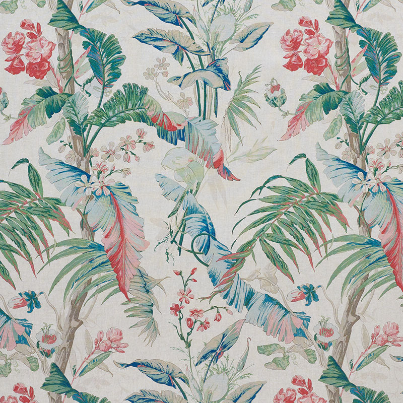 Tropical botanical wallpaper pattern with green palm leaves, pink blossoms, blue birds on a light beige background.