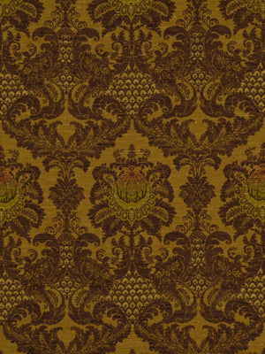 Gold and dark brown damask patterned fabric with ornate floral motifs in baroque style, ideal for upholstery or drapery.