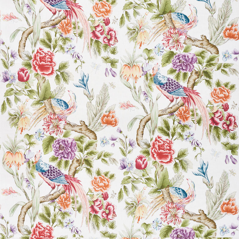 Tropical florals with blue parrots on brown branches, pink, purple & orange blooms, green leaves in a lush fabric pattern.