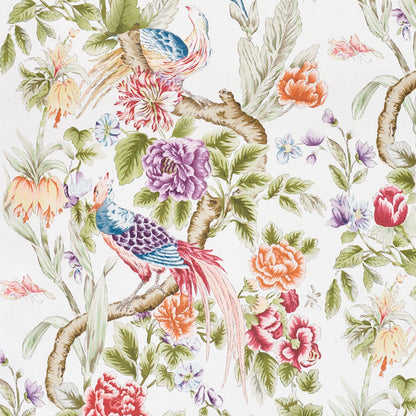 Watercolor floral wallpaper with tropical birds perched on branches among pink, purple, and orange flowers with green leaves.