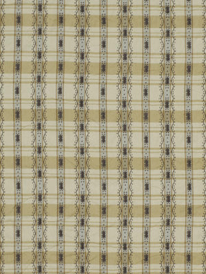 Beige plaid fabric with brown vertical and horizontal stripes and small decorative motifs in a woven pattern.