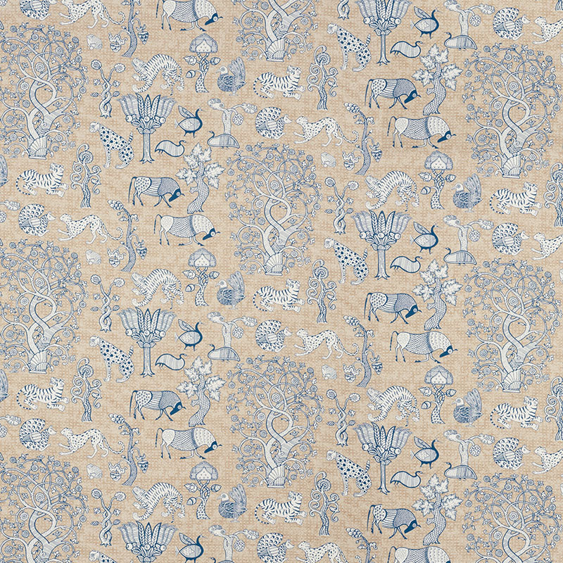 Beige fabric with blue toile-style pattern featuring zebras, horses, trees and foliage in repeating motifs.