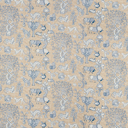 Beige fabric with blue toile-style pattern featuring zebras, horses, trees and foliage in repeating motifs.