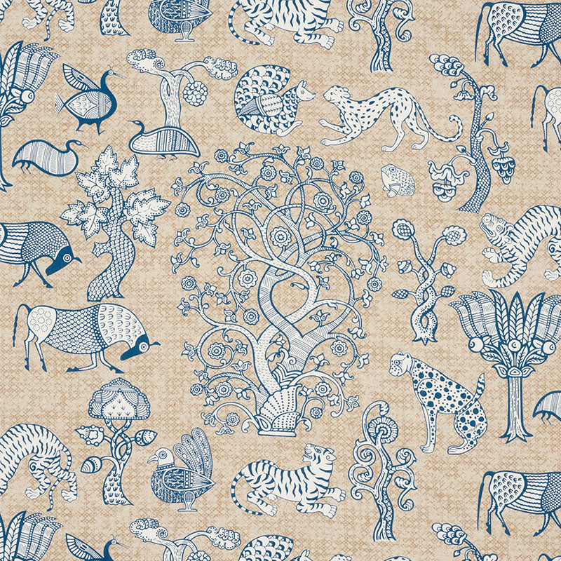 Beige linen-look fabric with blue-and-white chinoiserie motif: ornate central tree, birds, tigers, peacocks.