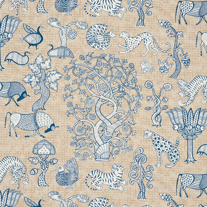 Beige linen-look fabric with blue-and-white chinoiserie motif: ornate central tree, birds, tigers, peacocks.