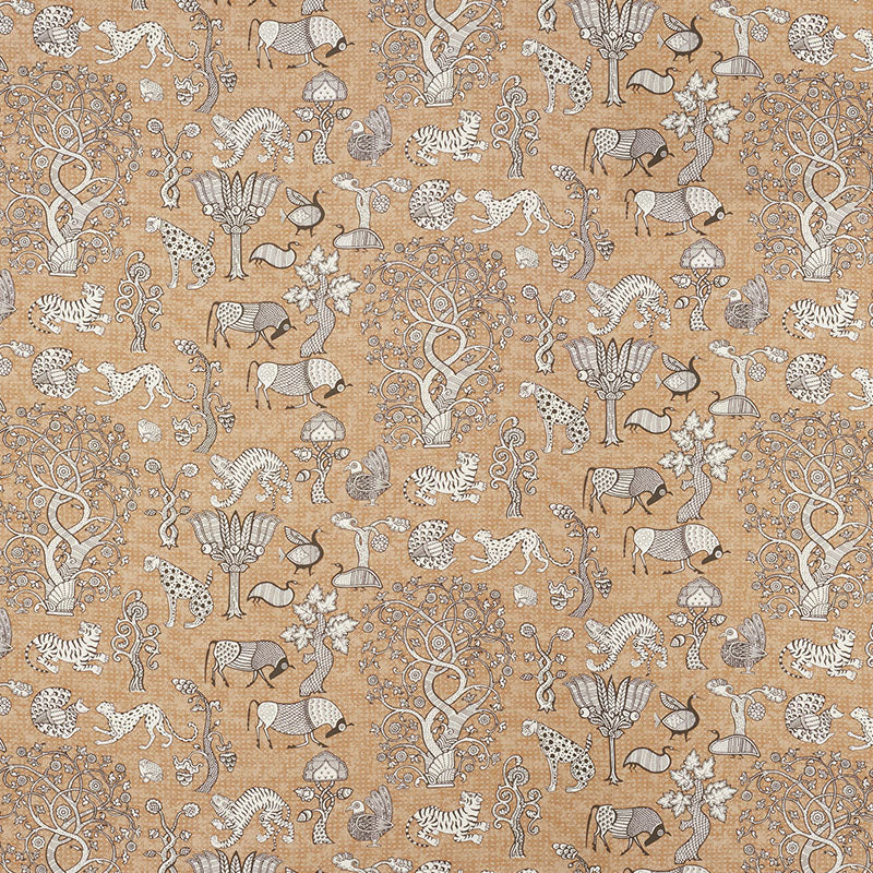 Beige linen-look fabric with white and gray animals, trees and florals in a repeating motif for upholstery.