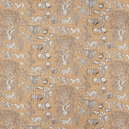 Beige linen-look fabric with white and gray animals, trees and florals in a repeating motif for upholstery.