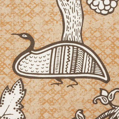 Beige textile print featuring a brown stylized long-necked bird with geometric body patterns, vintage folk-art style.
