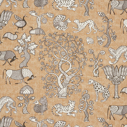 Tan fabric with white and black line-drawn animals, trees and vines in a whimsical vintage folk-art pattern.