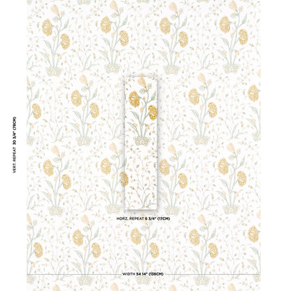 White wallpaper with pale gray stems and gold-yellow roses in a repeating vintage botanical pattern.