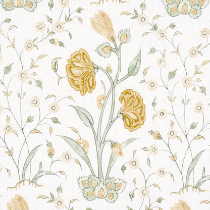 Pastel floral wallpaper pattern with yellow-orange blooms, soft green stems, and tiny daisies on an off-white background.