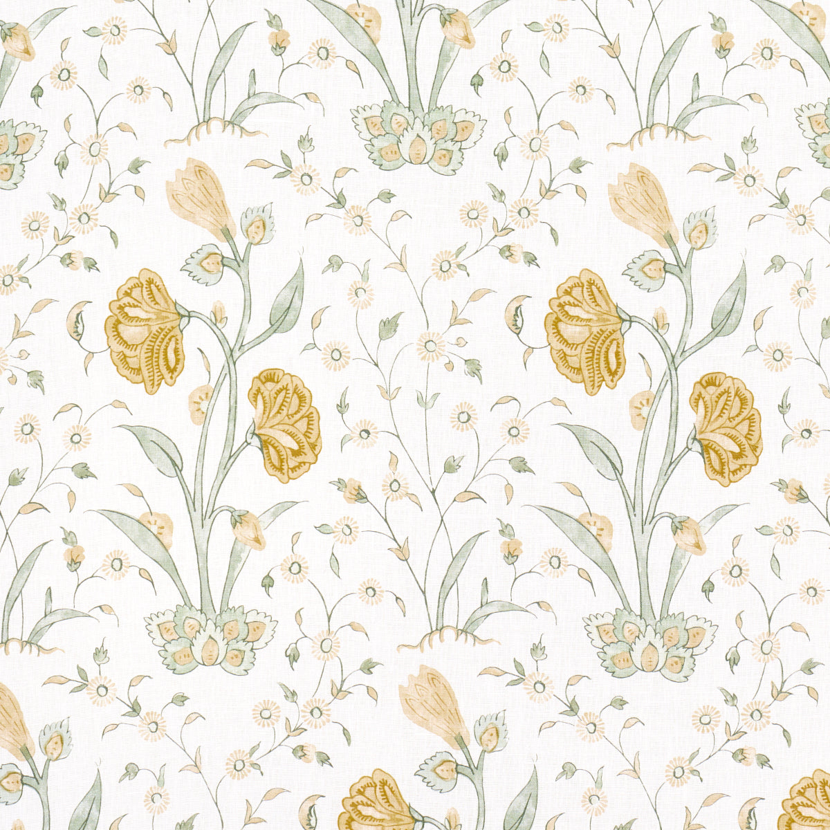 Floral prints with yellow blooms, pale blue accents, and gray-green stems on white background.
