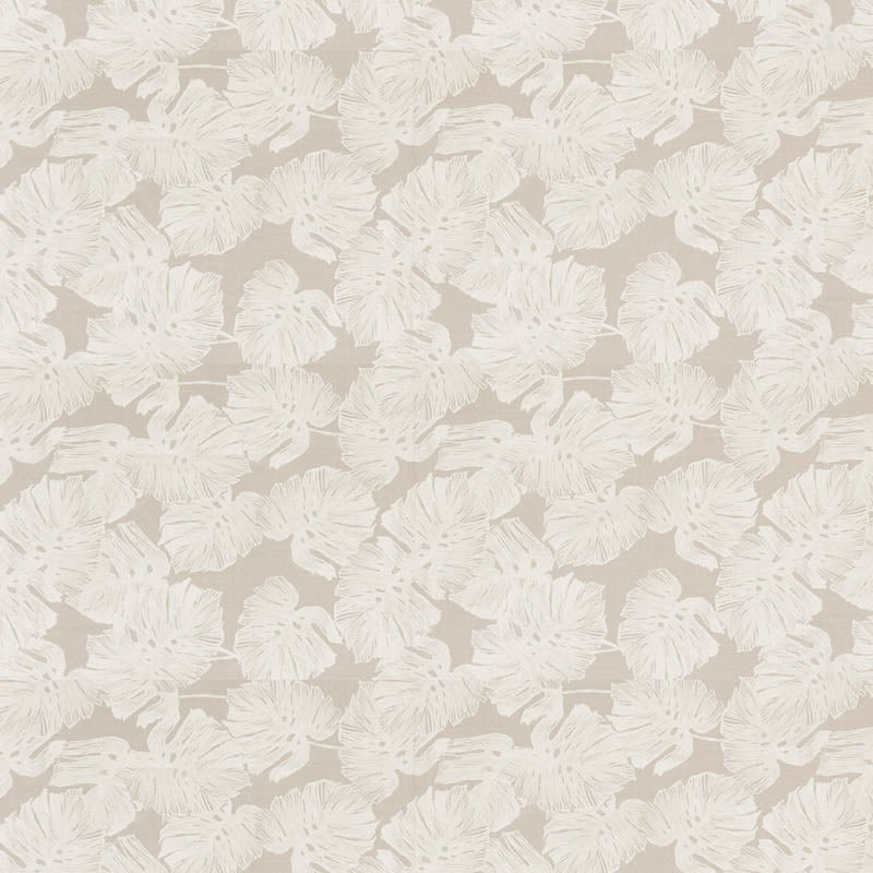 Beige wallpaper with white monstera leaf pattern, seamless tropical botanical wall covering.